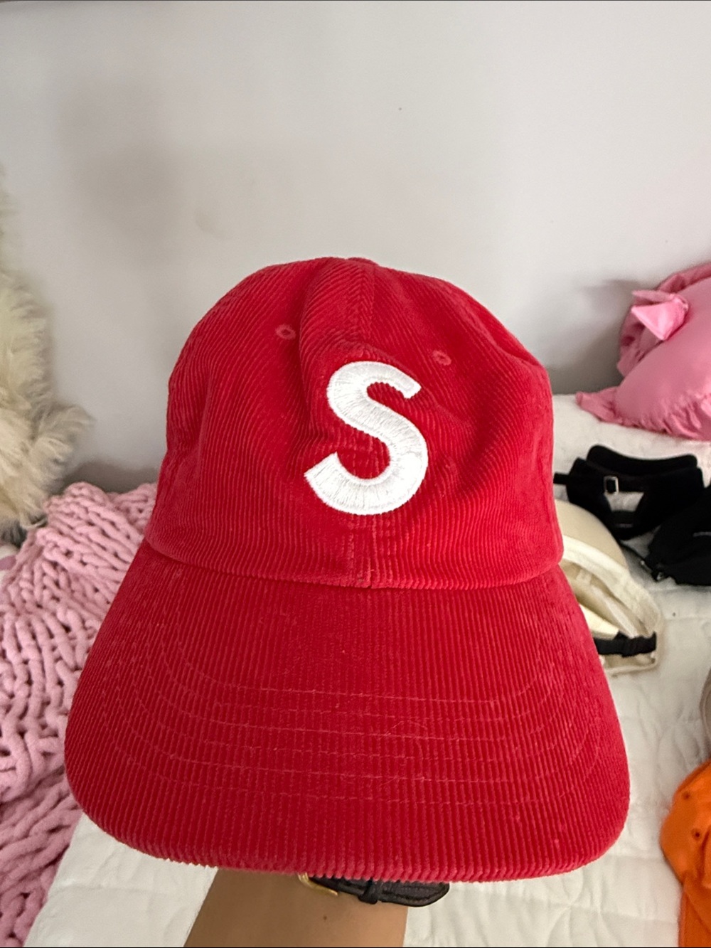 Supreme Red Corduroy Cap with White 'S' Patch